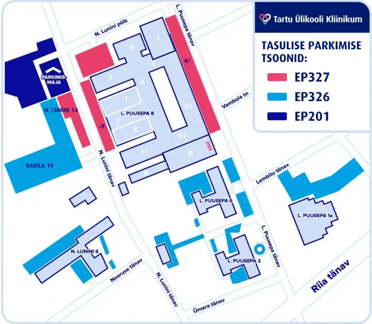 Enamikul kliinikumi ümbrusse jäävatel aladel saab tasuta parkida 90 minutit, need on kaardil märgitud helesiniselt. Punasega on märgitud aga tasulised parklad ning tumedama sinisega parkimismaja.