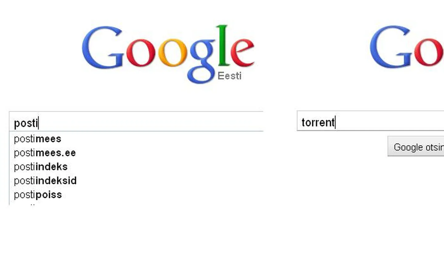 Vasakpoolsel pildil pakub Google vasteteks mitmeid võimalikke variante, kuid parempoolsel otsingusõna «torrent» puhul mitte.