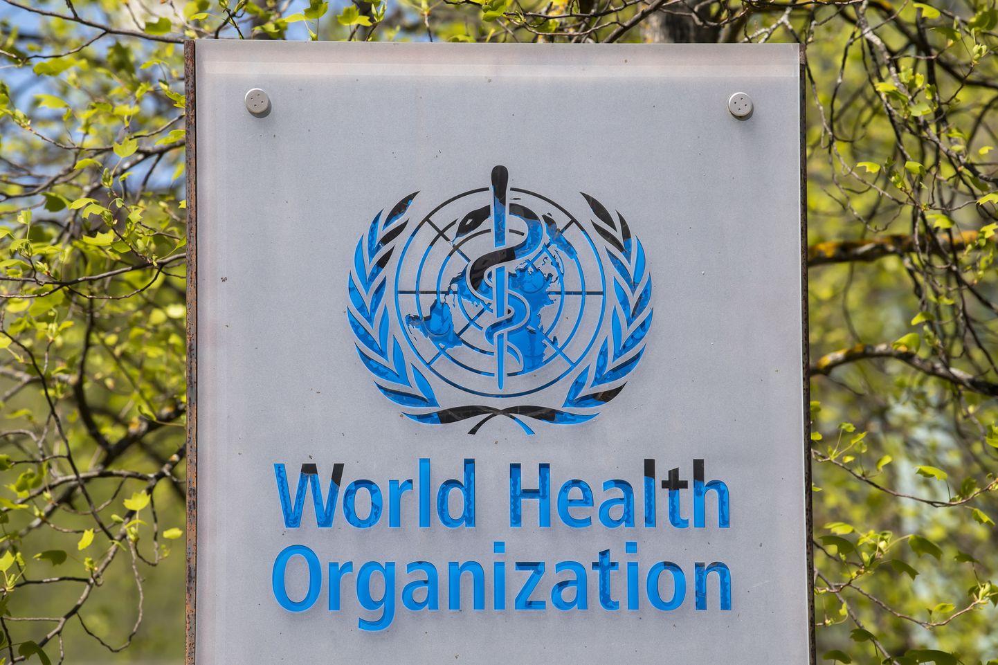 WHO logo organisatsiooni peakorteri ees Genfis.