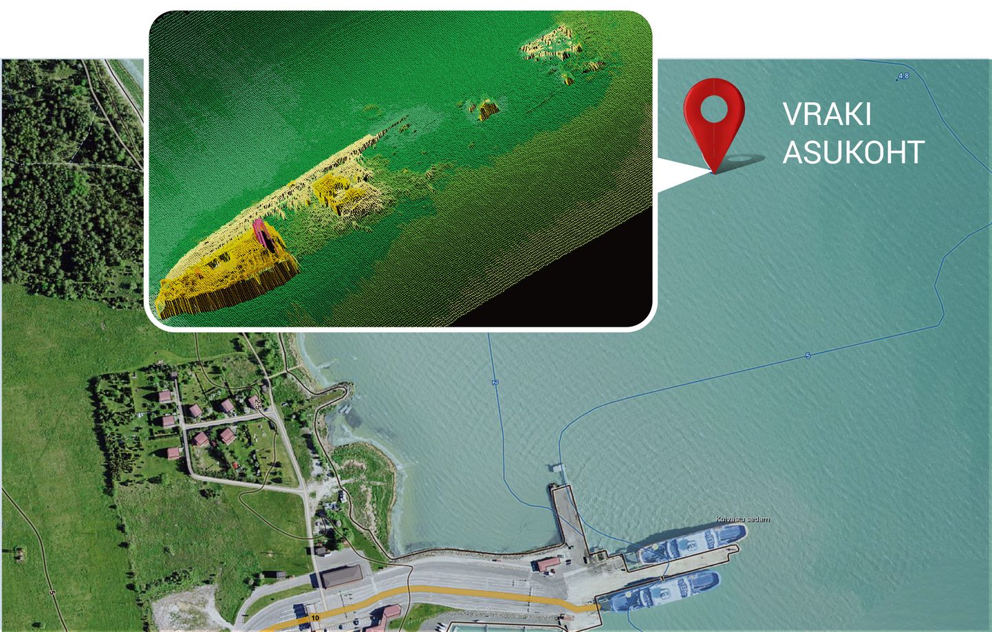 Miinitraaleri vrakk lebab Kuivastu sadamast 360 meetrit põhja pool vaid nelja meetri sügavuses vees.