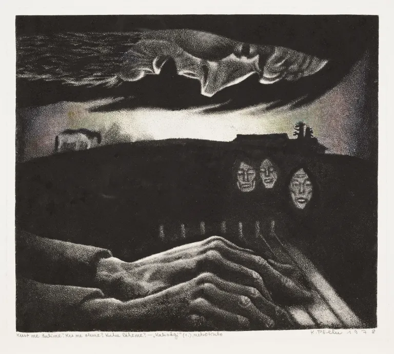 Kaljo Põllu. Kust me tulime? Kes me oleme? Kuhu läheme? Sarjast «Kalivägi». 1978Värviline metsotinto, paber.