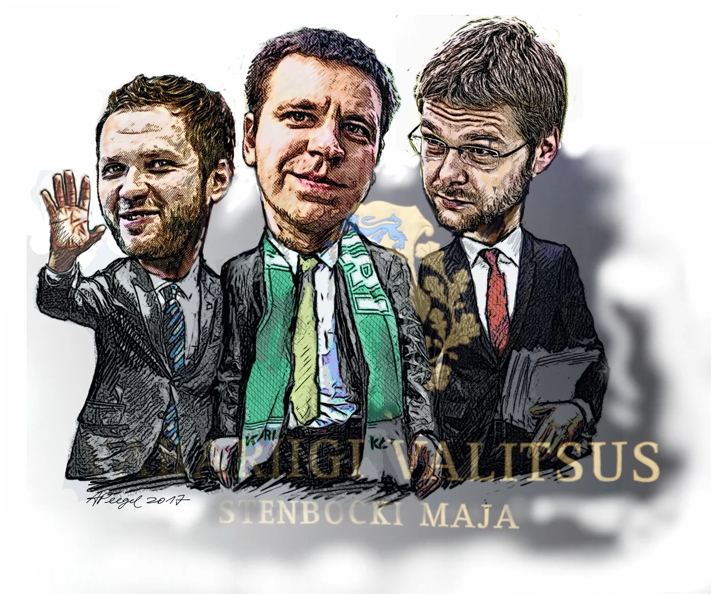 Karikatuur. Jüri Ratas, Margus Tsahkna, Jevgeni Ossinovski