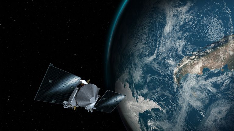 NASA joonistus Maast ja OSIRIS-REx uurimissondist