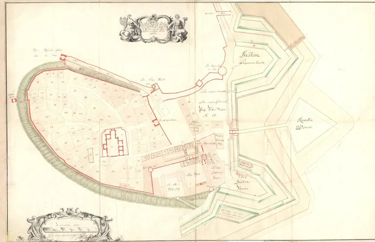 Toompea hoonestuse põhijoonis. Kruntide piirid vastavad 6. juuni 1684 tulekahju eelsele jaotusele, kruntidele hakati numbreid andma pärast põlengut. Plaani on signeerinud Tallinna linnuse komandant Paul von Essen 3. augustil 1695.