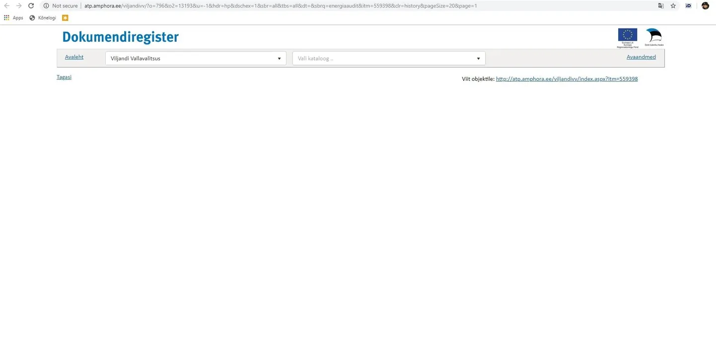 Ülesvõte Viljandi valla dokumendiregistrist, kus teabele ei ole ligipääsu, kuid pole ka põhjendust, miks see nii on.