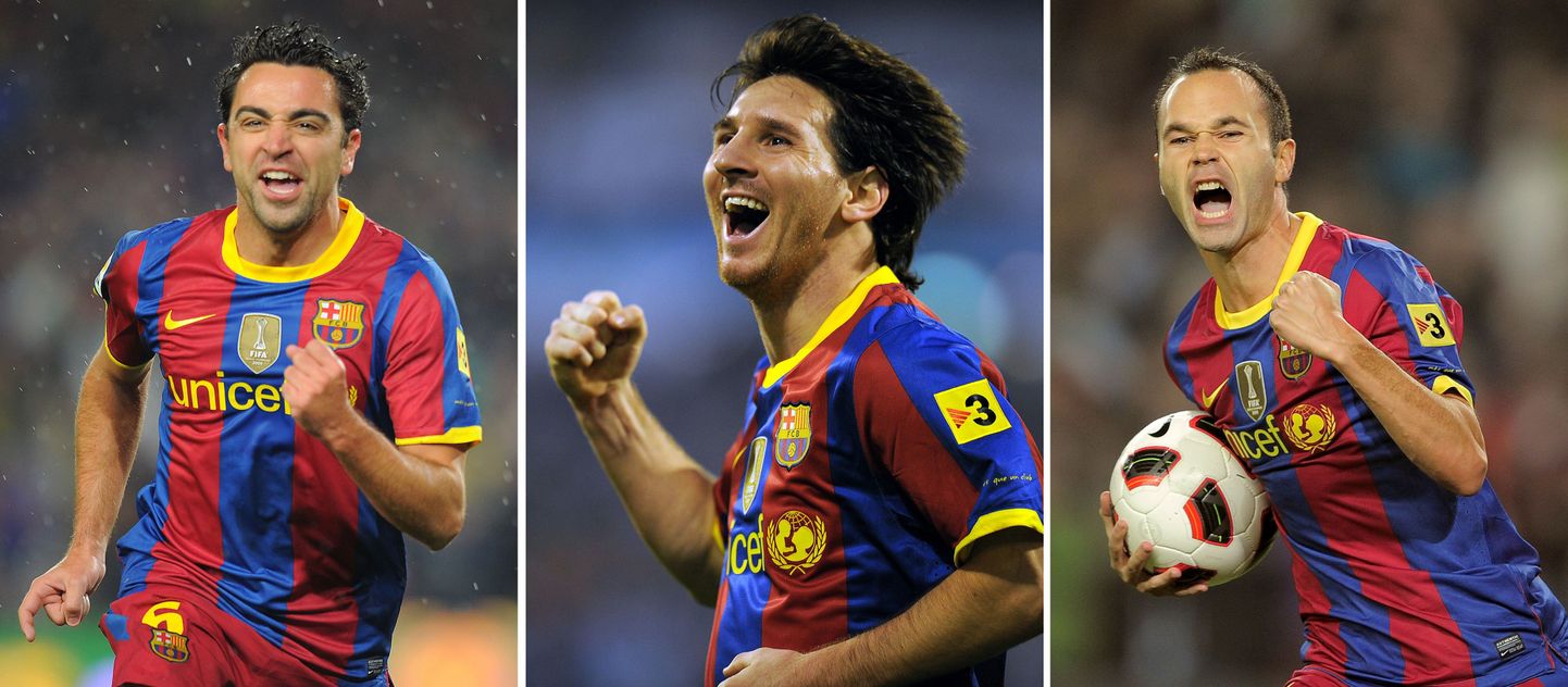 Xavi Hernandez (vasakul), Lionel Messi (keskel) ja Andres Iniesta.