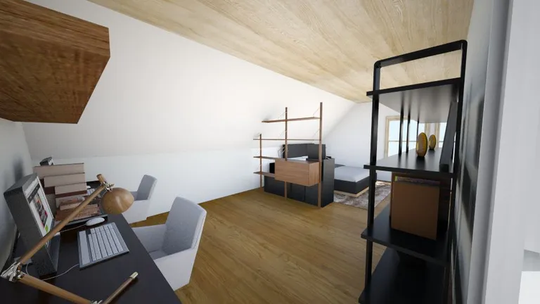 Töötuba, mis on magamistoa üks osa. Tegelikult on kaldlael 3 katuseakent ja magamistoast eraldab töötuba poolik vahesein, mida ei õnnestunud 3D pildile saada. (Roomstyler)