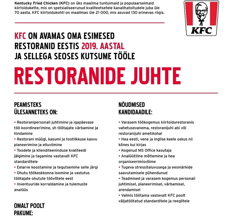 KFC töökuulutus