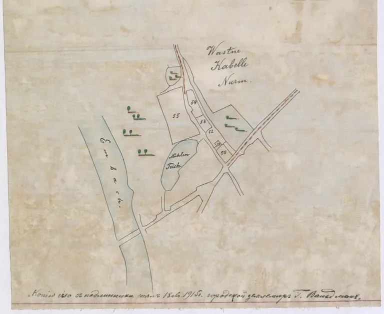 Kaardil aastast 1787 ning selle koopial (pildil) aastast 1915 on lisaks Emajõele (Embach) ja Meltsiveski tiigile (Mühlen Teich) märgitud Wastne Kabelle Nurm, millest sai alguse praegune Raadi kalmistu.
