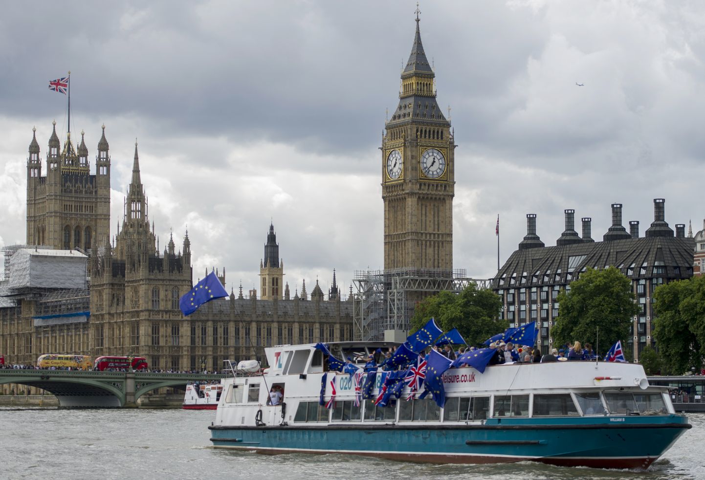 File photo dated 19/08/17 of Anti-Brexit protesters from the campaign group No 10 Vigil, traveling in a boat up the Thames, past the Palace of Westminster. Three and a half years after the referendum, the UK will leave the European Union at 11pm on Friday.