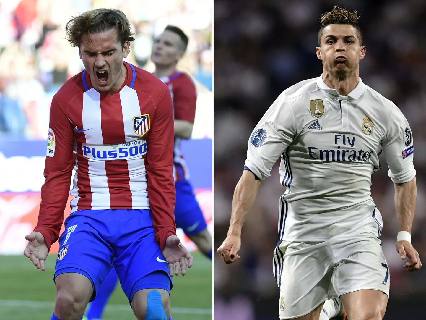 Madridi Atletico ründaja Antoine Griezmann ja tema Reali kolleeg Cristiano Ronaldo. Meistrite liiga poolfinaali avamängus jäi prantslane nullile kunas portugallane kõmmutas kolm kolli.