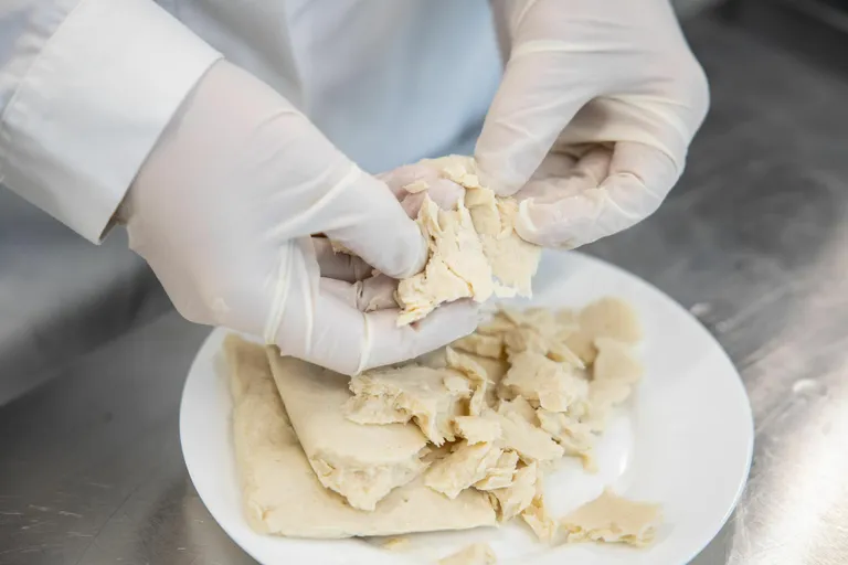Funki Foods juht Sirli Rosenvald näitab nende seenevalku, millest saab valmistada maitsvaid toite ning mis eelkõige meenutab nii välimuselt kui ka maitselt kanaliha.
