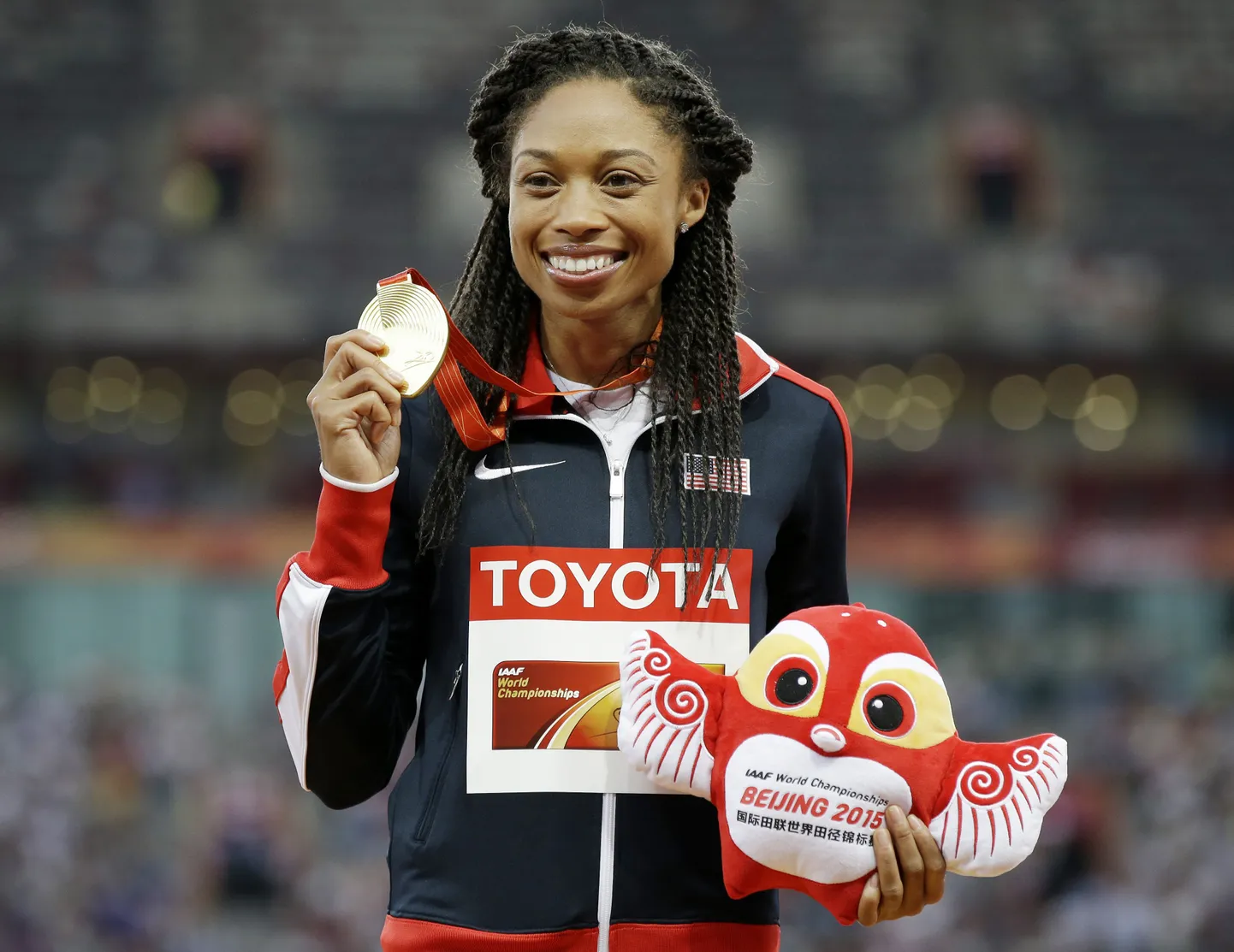 Allyson Felix 2015. aastal Pekingi MMil pärast 400 meetri jooksus maailmameistriks tulekut.