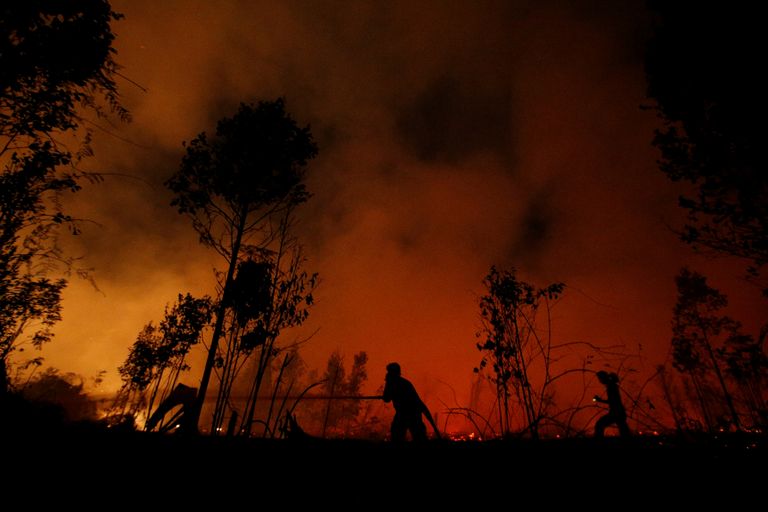 Tuletõrjujad kustutamas kahjutuld Indoneesiasa Palangaka Rayas Sebangau looduskaitsealal. Tulest on tekkinud taevasse punane kuma