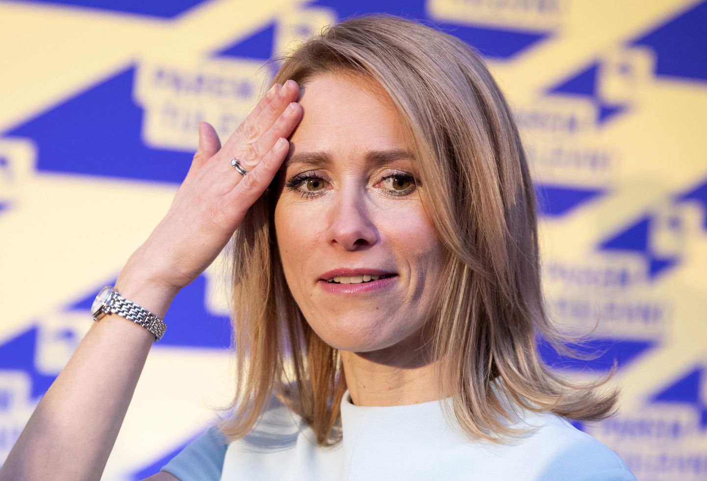 Kaja Kallas, leader of the Reform Party party gestures at her party headquarters after parliamentary elections in Tallinn, Estonia, early Monday, March 4, 2019. 