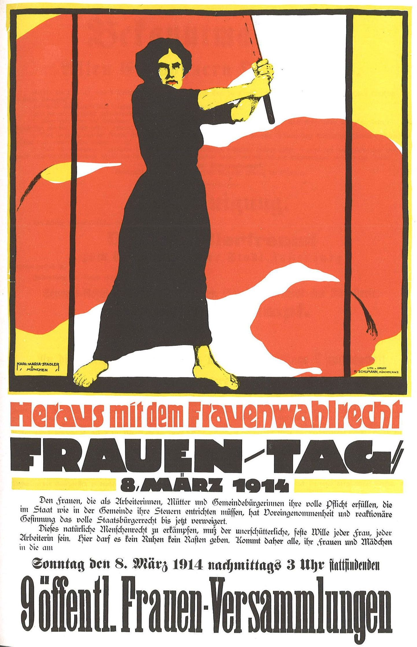 Saksakeelne naistepäeva poster aastast 1914. Posteril väidetakse naiste õigust hääletamisele.