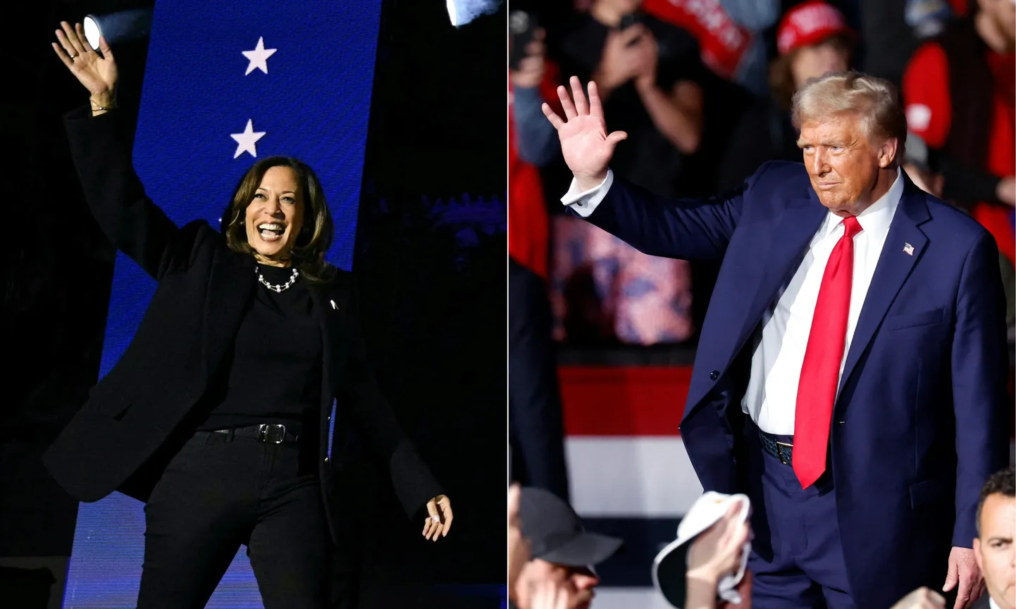 USA asepresident Kamala Harris saabub sel fotokollaažil parasjagu Philadelphia valimisüritusele, samas kui ekspresident Donald Trump lehvitab pärast viimast valimisüritust Michigani osariigis Grand Rapidsis.