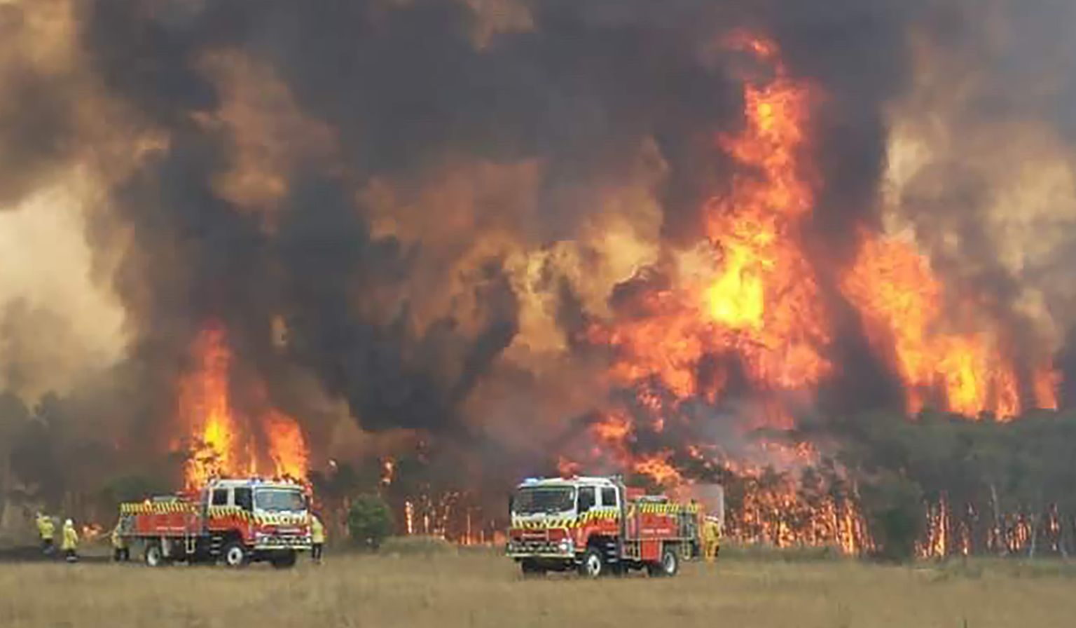 Пожарная машина австралийского Нового Южного Уэльса на фоне пожара.