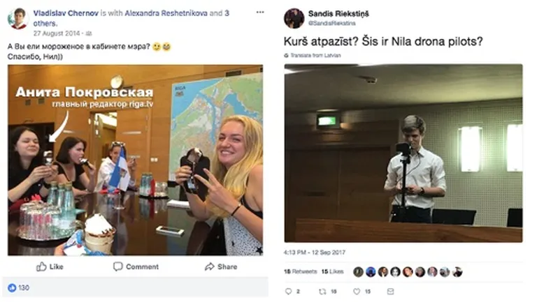 На профиле сотрудника riga.lv, активиста young.lv Владислава Чернова можно найти фото, на котором он в 2014-ом году ест мороженное в кабинете мэра Риги Нила Ушакова. Сам Чернов «за кадром». На фото – нынешняя главный редактор riga.lv Анита Покровская.