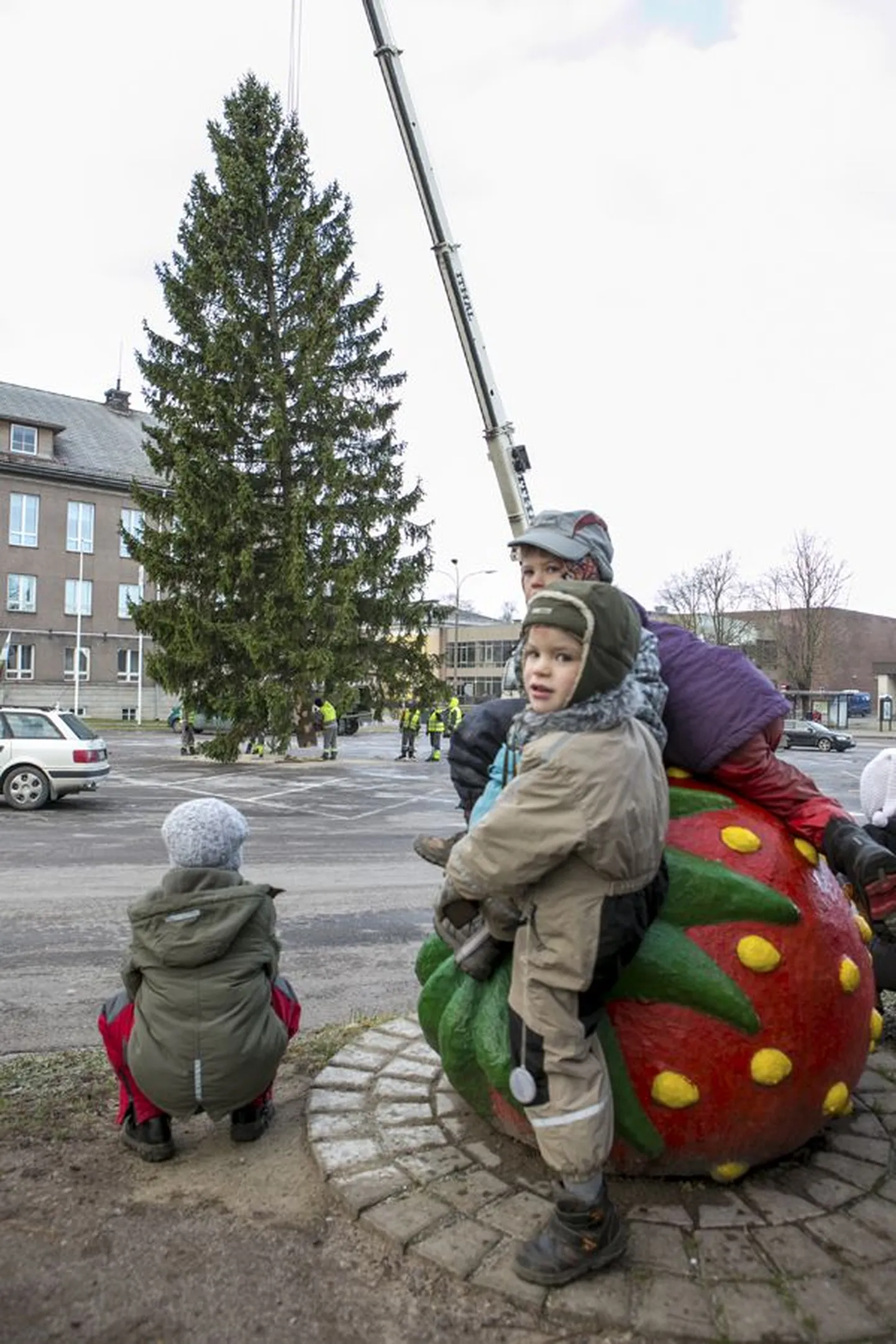 Lapsed olid jõulupuu linna saabumist uudistama tulnud.