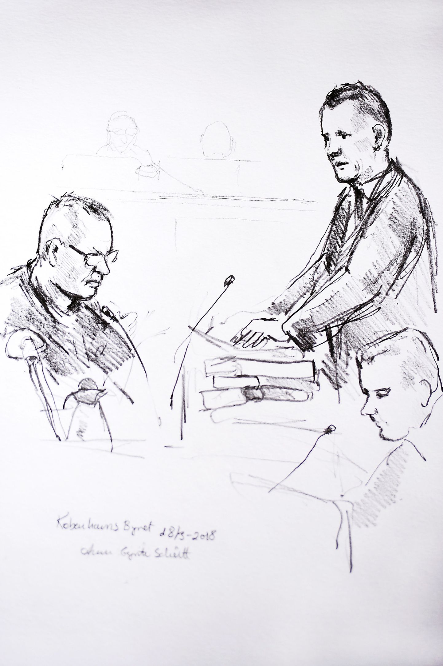 Kopenhaageni kohtus tehtud joonistus. Vasakul Peter Madsen ja paremal seisab püsti prokurör Jakob Buch-Jepsen