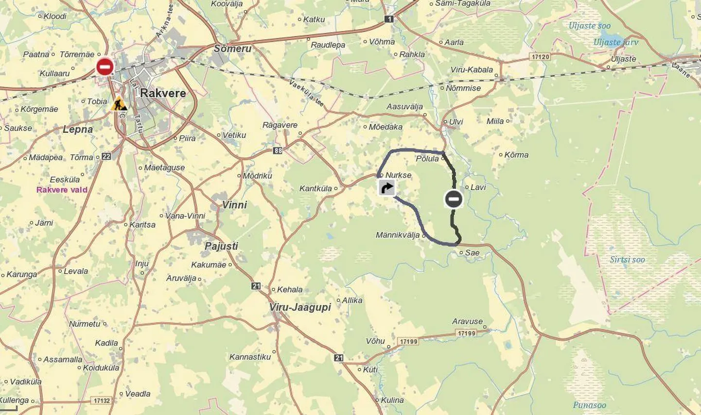 Liikluspiirangute ala on kaardil markeeritud mustaga.