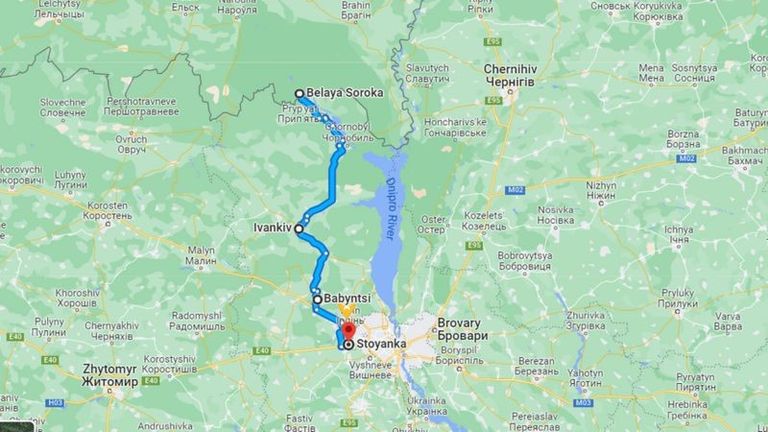 Запланированный маршрут движения российских подразделений от белорусской границы до села Стоянка возле Киева