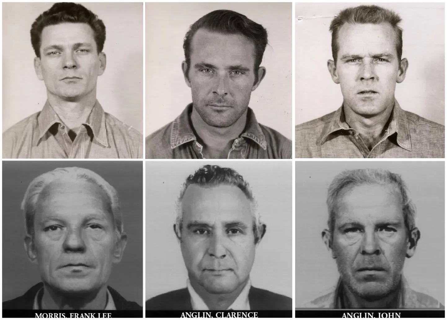 San Francisco politsei avaldatud pildid põgenenutest. Vasakult paremale - Frank Lee Morris, Clarence Anglin and John Anglin noorena ja vanemana