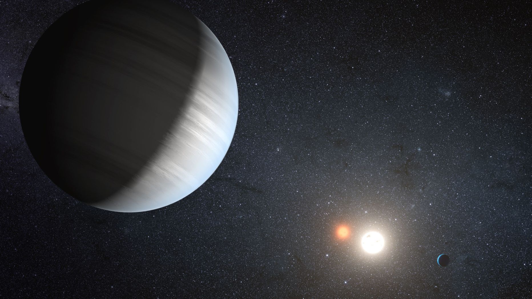 NASA arvutijoonistus  Kepler 47 süsteemist, kus on kaks päikest ja kaks planeeti