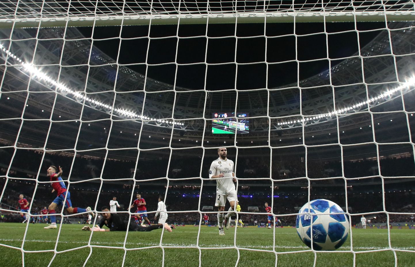 Real goalkeeper Keylor Navas fails to stop a shot by CSKA midfielder Nikola Vlasic during a Group G Champions League soccer match between CSKA Moscow and Real Madrid at the Luzhniki Stadium in Moscow, Russia, Tuesday, Oct. 2, 2018. (AP Photo/Alexander Zemlianichenko)