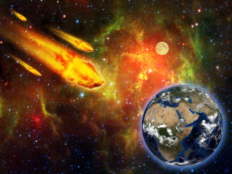 Põlev asteroid ja temast eraldunud osad liikumas Maa suunas. Pilt on illustreeriv
