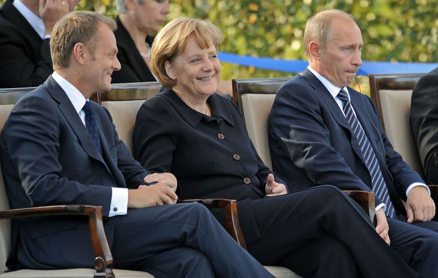 Eilse päeva peategelased Gdanskis. Vasakult: Poola peaminister Donald Tusk, Saksamaa kantsler Angela Merkel ja Venemaa peaminister Vladimir Putin.