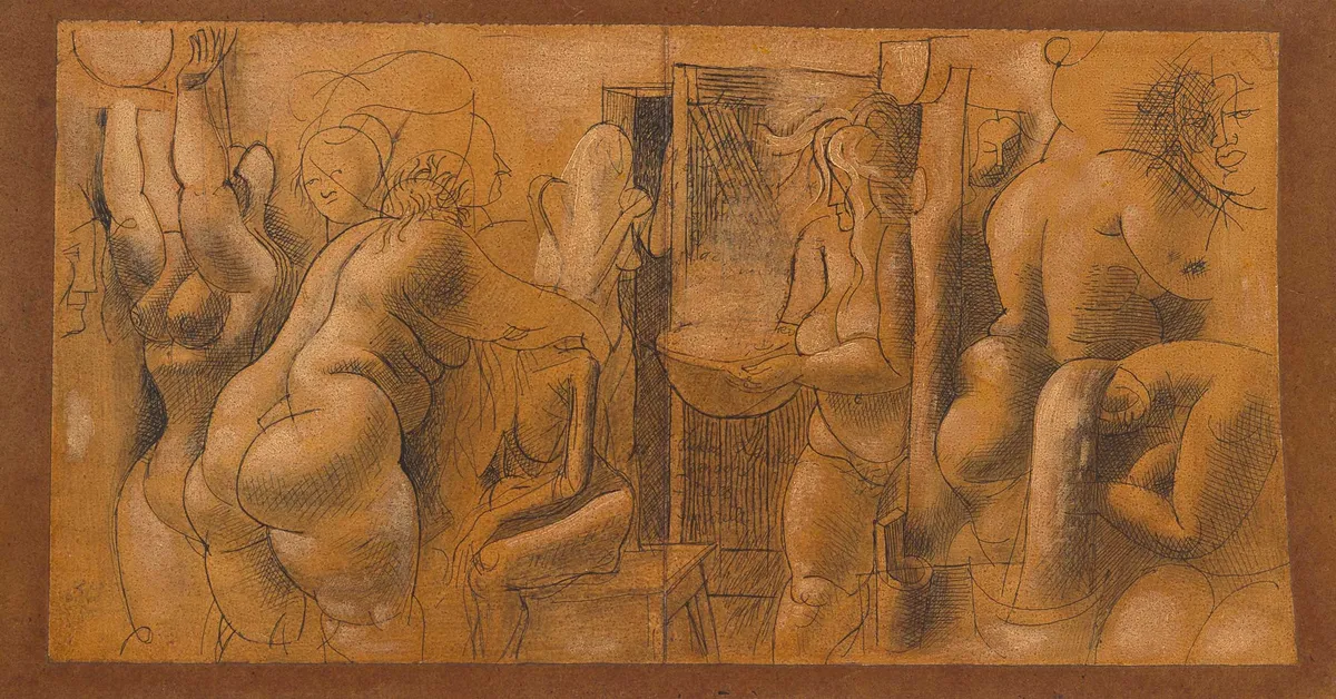 Boriss Bērziņš (1930-2002) "Pirtī". 1991. Kartons, eļla. 36x69 cmSākuma cena: 7000 eiro.