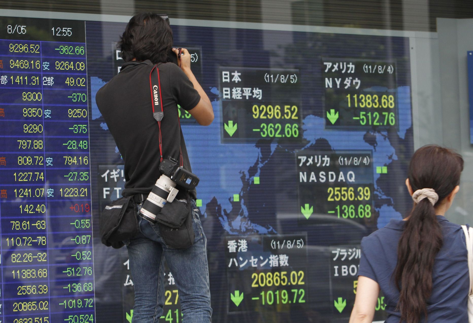 Pressifotograaf püüab Tokyos kaadrisse tuntud börsiindeksite langusnäitajaid.