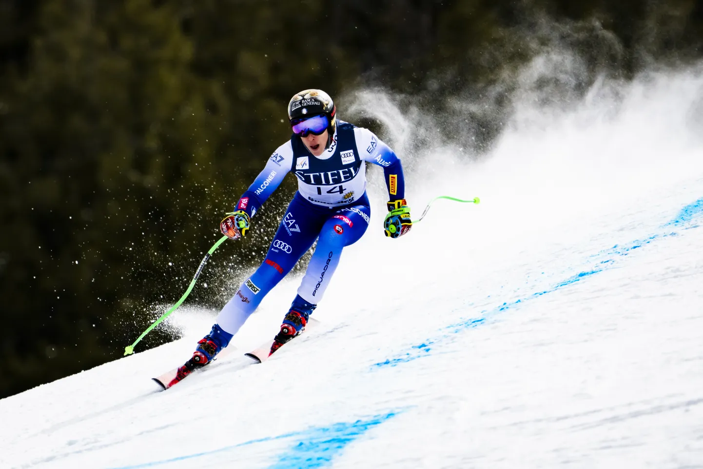 Itālijas sportiste Federika Brinjone treniņbraucienā kalnu slēpošanā sievietēm FIS Pasaules kausa izcīņas finālsacensībās kalnu slēpošanā 2025. gada 21. martā Sun Valley, Aidaho štatā, ASV.