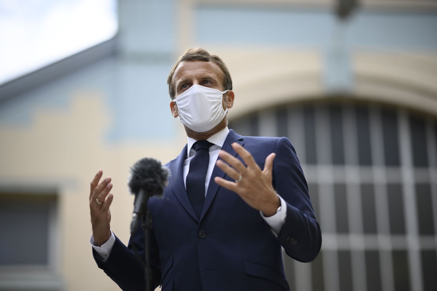 French President Emmanuel Macron, wearing a protective face mask, delivers a speech as he visits a site of pharmaceutical group Seqens, a global leader on the production of active pharmaceutical ingredients, to mobilize innovation and support the research on the coronavirus disease Covid-19 , in Villeneuve-la-Garenne, near Paris, on August 28, 2020. 
Photo by Eliot Blondet///04SIPA_MACRON011625/2008281403/Credit:ELIOT BLONDET-POOL/SIPA/2008281408