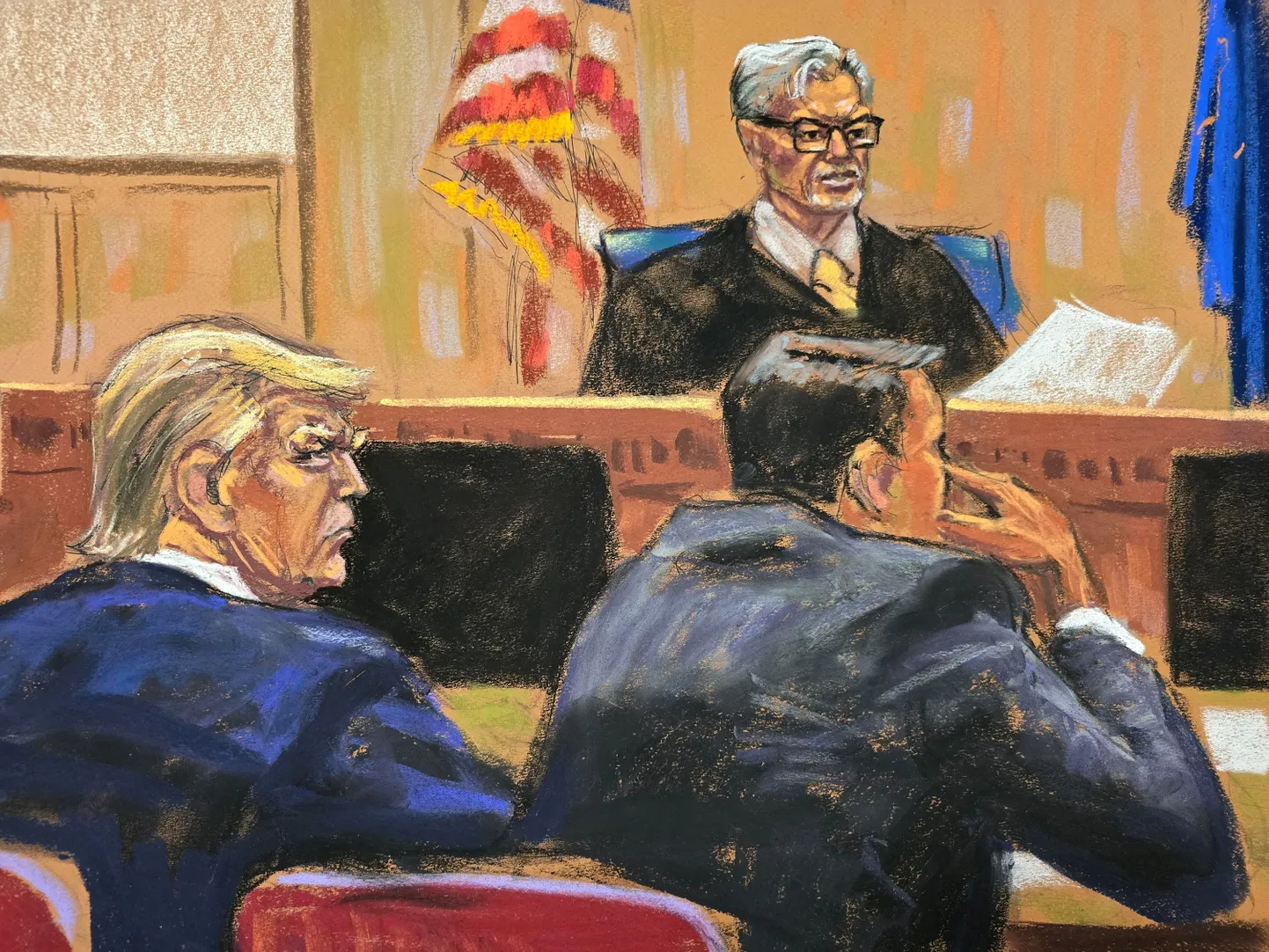 Sel nädalal kohtusaalis valminud joonistuselt on näha, kuidas Donald Trump koos oma kaitsjaga kuulab kohtunik Juan Merchani juhiseid. Karistuse määrab viimane Trumpile juulis.
