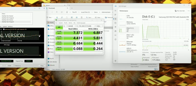 Sasmung 990 Pro suutis andmeid lugeda 7,372 ja kirjutada 6,88 GB/s