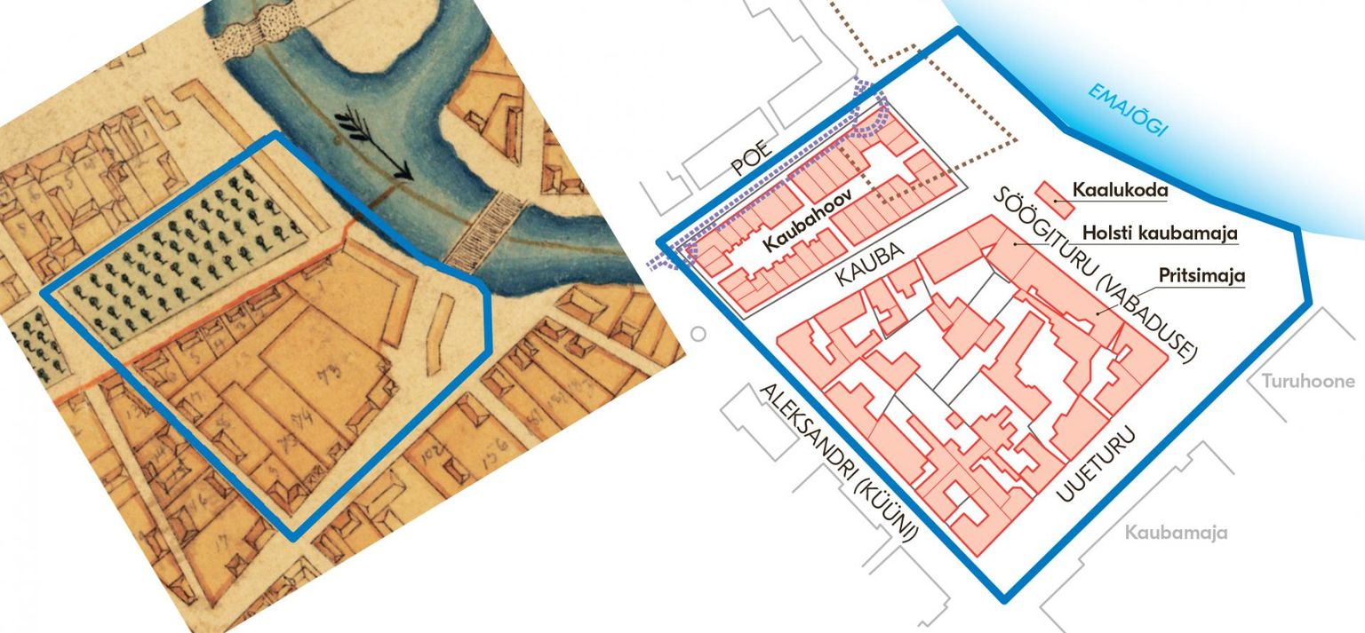 Vasakul hoonestus keskpargi alal 1811. aastal. Paremal hoonestus keskpargi alal enne teist maailmasõda. Punasega näidatud hooned, tumehalliga krundipiirid, pruuni katkendjoonega Hedwig Eleonora bastioni, lilla katkendjoonega linnamüüri ja tornide asukoht.