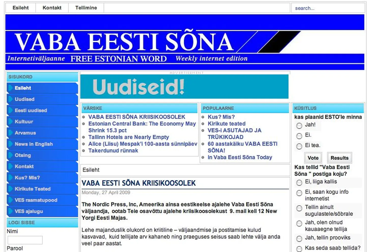 Ajelehe Vaba Eesti Sõna koduleht.