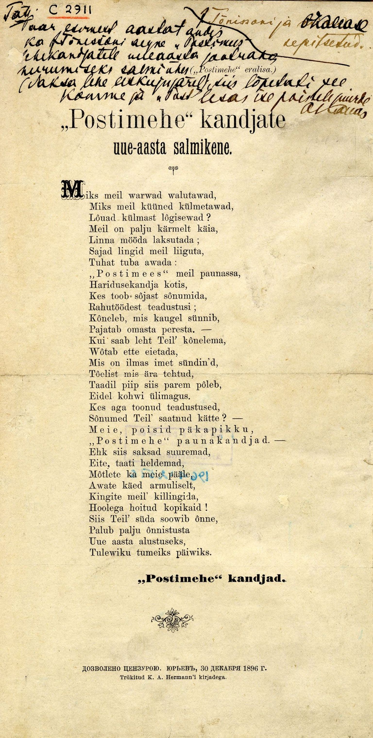 ««Postimehe» kandjate uue-aasta salmikene» aastast 1896.