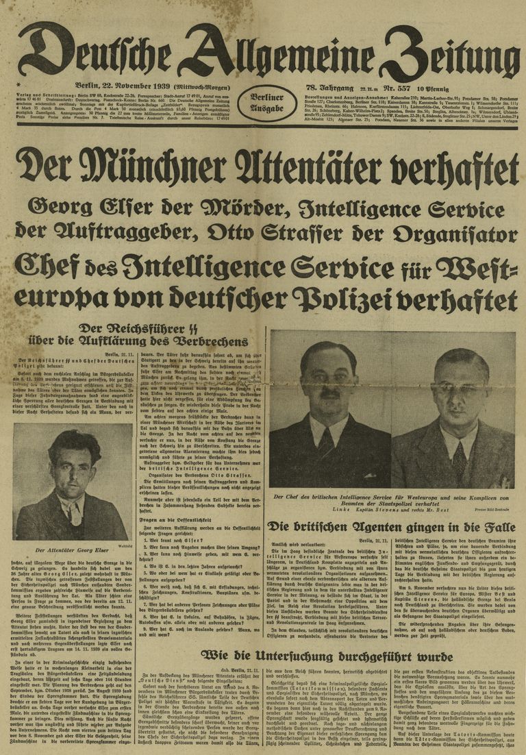 22. noevmbri 1939 Deutsche Allgemaine Zeitung teatas Adolf Hitlerile tehtud atendaadikatsest 8. novembril 1939. Vasakul pilt õlletuppa pommi pannud Johann Georg Elserist