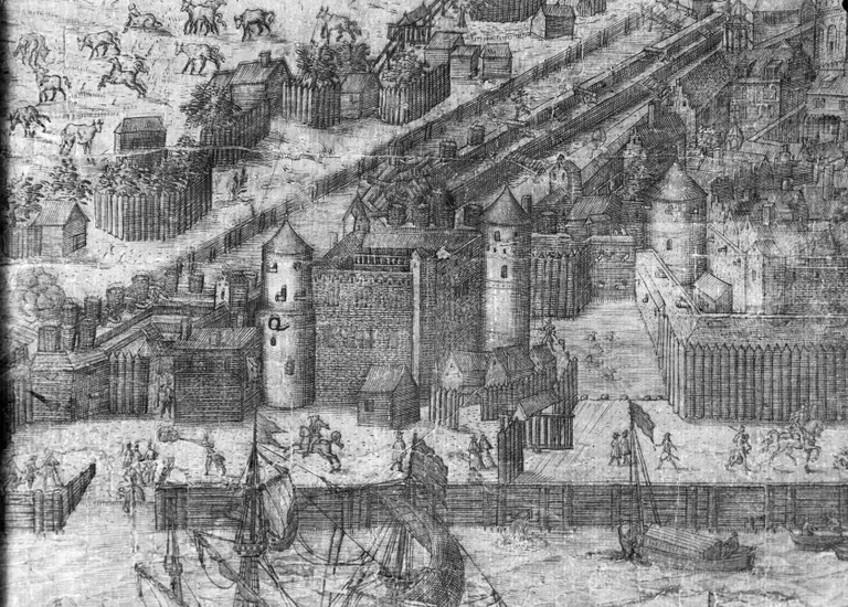 ​Heinrihs Tūms (Heinrich Thum). Rīgas panorāma, fragments ar Rīgas pili. Nikolausa Mollīna iespiedums Rīgā, 1612. gadā. Vara gravīra. Gravīras oriģināls atrodas Rīgas vēstures un kuģniecības muzejā.