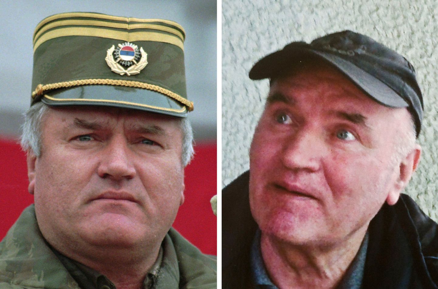 Ratko Mladić 1995. aastal (vasakul ) ja pärast tema tabamist möödunud nädalal.