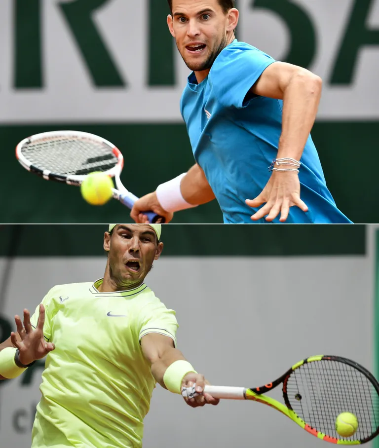 Dominic Thiem (üleval) ja Rafael Nadal (all).