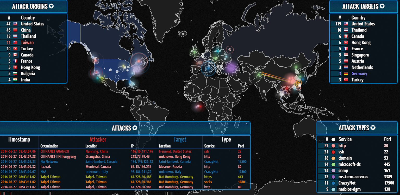 Карта, демонстрирующая кибератаки. Иллюстративный снимок.