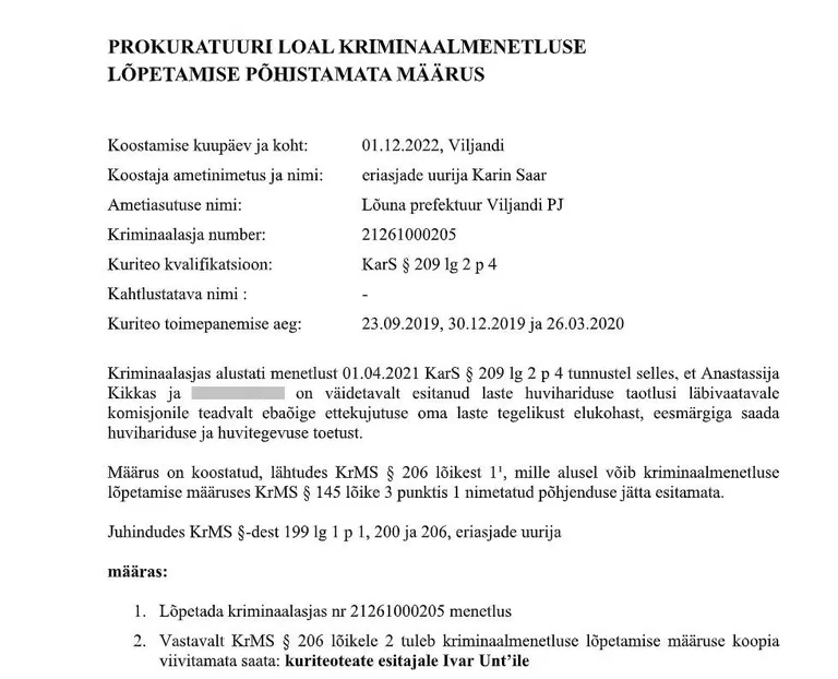 Kriminaalmenetluse lõpetamise määrus.