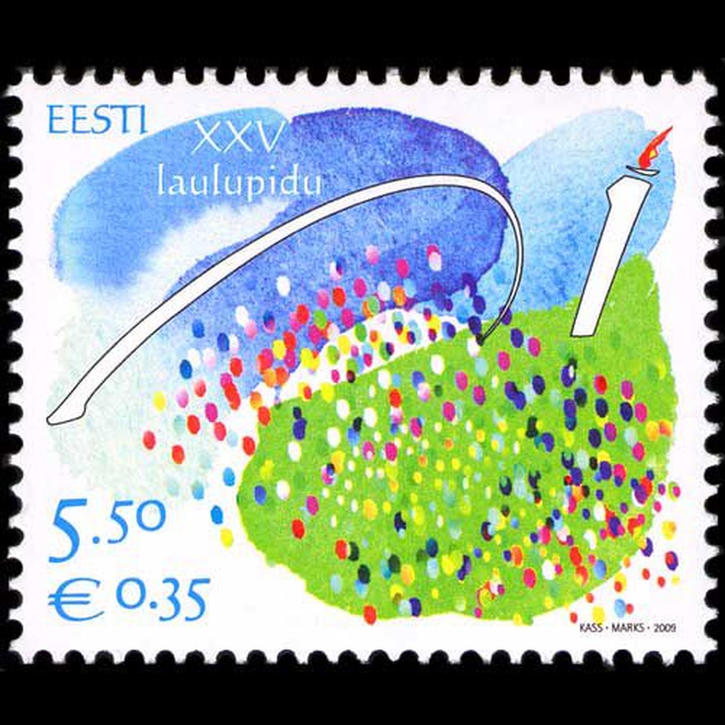 Laulupeole pühendatud postmark anti välja täpselt sel päeval, kui 140 aastat tagasi algas esimene laulupidu. Margi kujundasid Ülle Marks ja Jüri Kass.