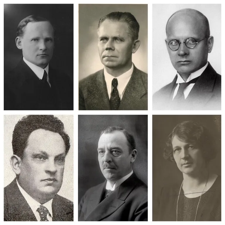 Tartus sündinud Asutava Kogu liikmed. Ülareas vasakult Aleksander Oinas, Hans Kruus ja Leopold Johansen, alumises reas Hans Martna, Konstantin Konik, Minni Kurs-Olesk.