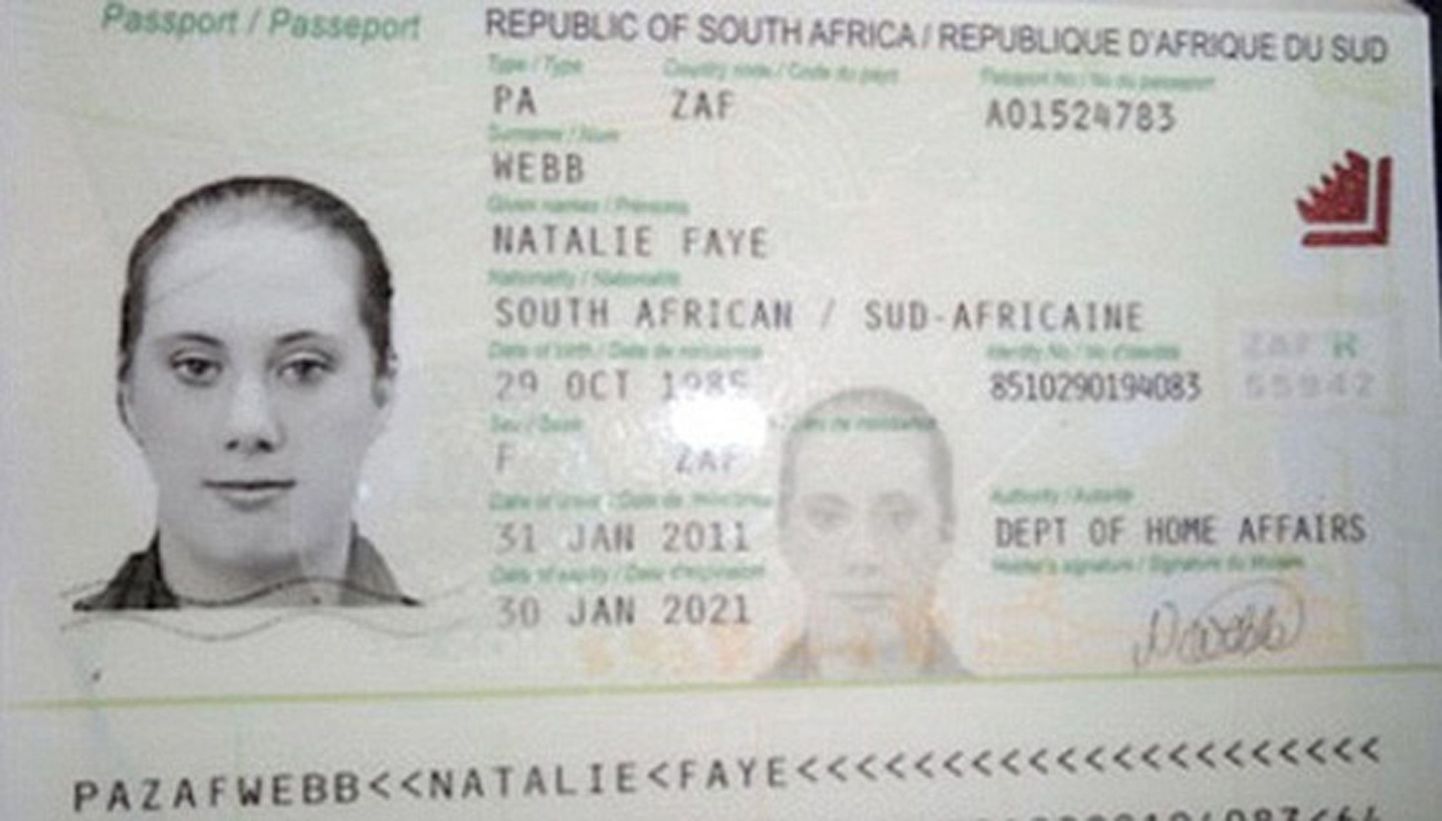 Lõuna-Aafrika võltspass, mida väitetavalt kasutas Samantha Lewthwaite.